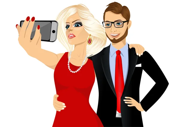 Mutlu çift onun smartphone kullanarak bir selfie alarak — Stok Vektör