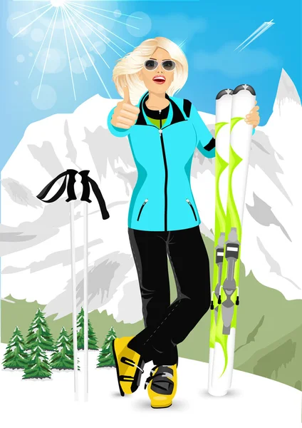 Jolie femme blonde debout avec des skis de montagne — Image vectorielle