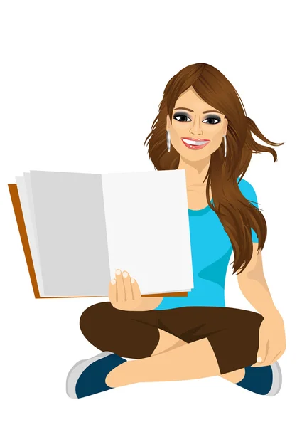 Mujer mostrando las páginas abiertas de su libro — Vector de stock