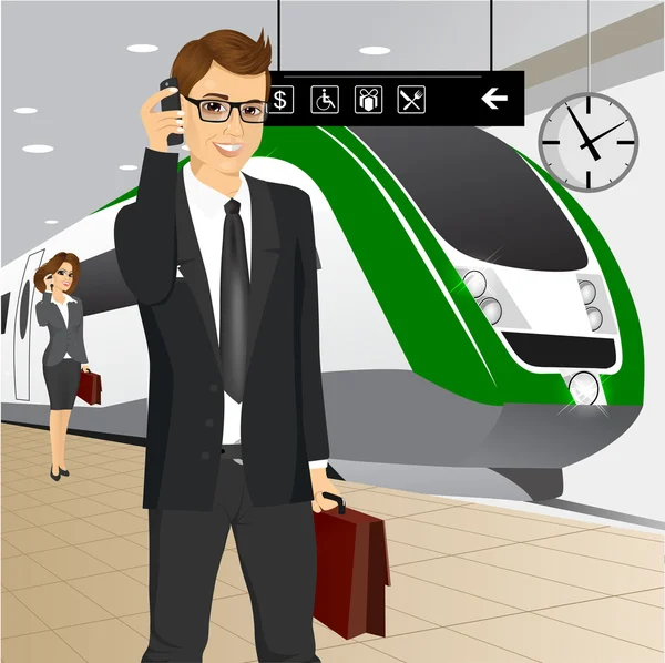 Empresario esperando el tren — Vector de stock