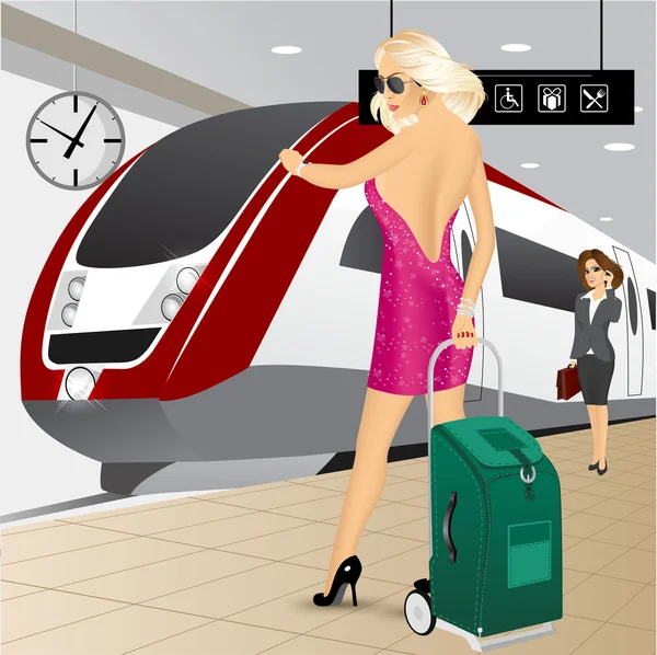 Žena stojící s kufru na kolečkách — Stockový vektor