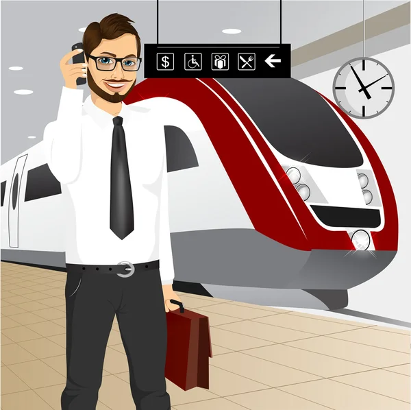 Hipster homem de negócios esperando o trem —  Vetores de Stock