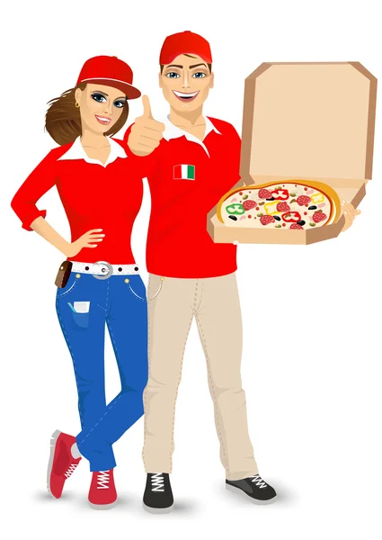 Pizzy a dívka v červených uniformách — Stockový vektor