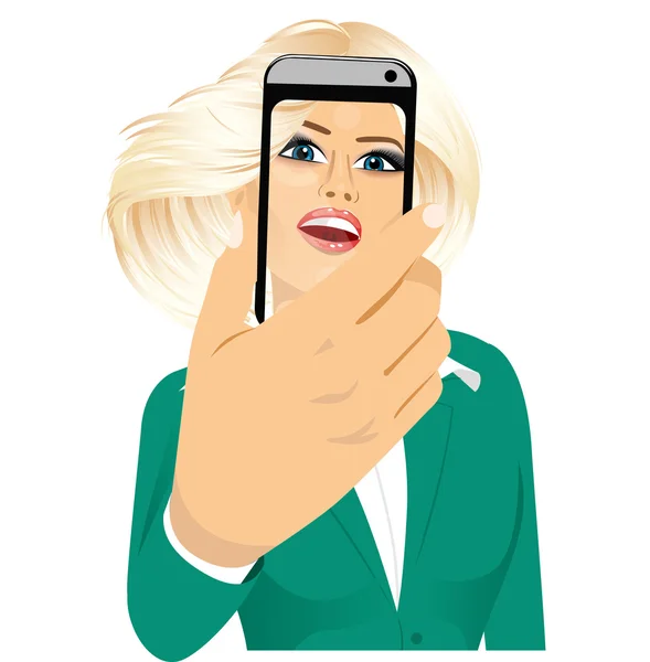 Happy woman taking a selfie using her smartphone — Stock Vector