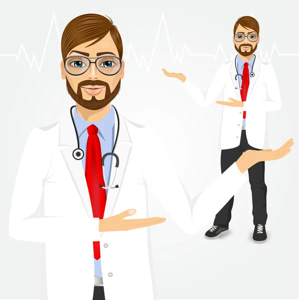 Male hipster doctor showing something — Stock Vector