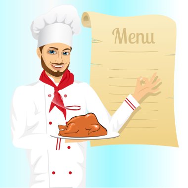 Türkiye erkek Şef Noel ile bir tepsi tutarak kavrulmuş