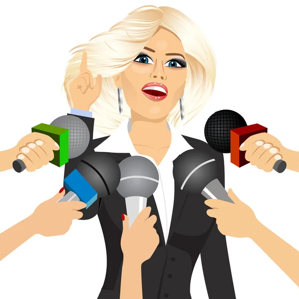 Female politician or businesswoman answering press questions — Stock Vector