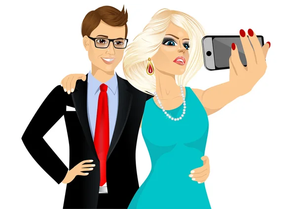 Felice coppia prendendo un selfie utilizzando il suo smartphone — Vettoriale Stock