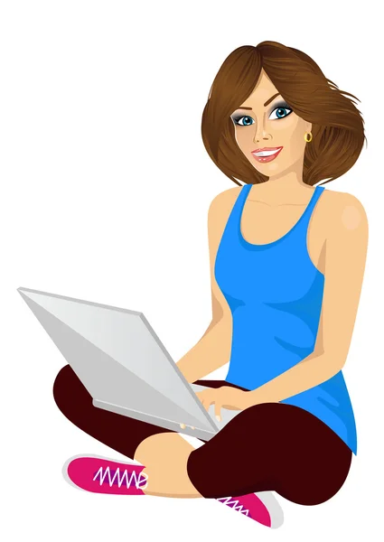 Young brunette woman using a laptop computer — Stock Vector