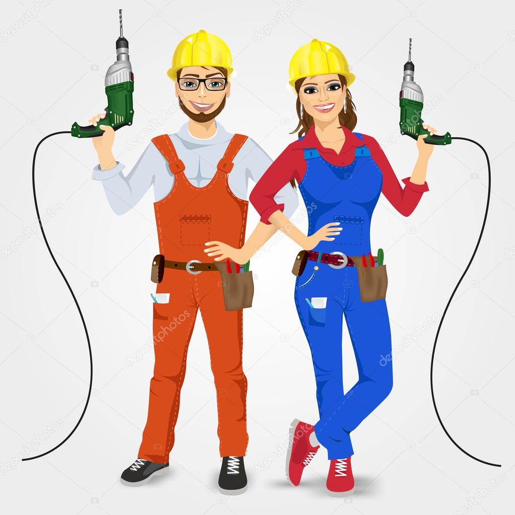 handyman and handywoman holding green drills