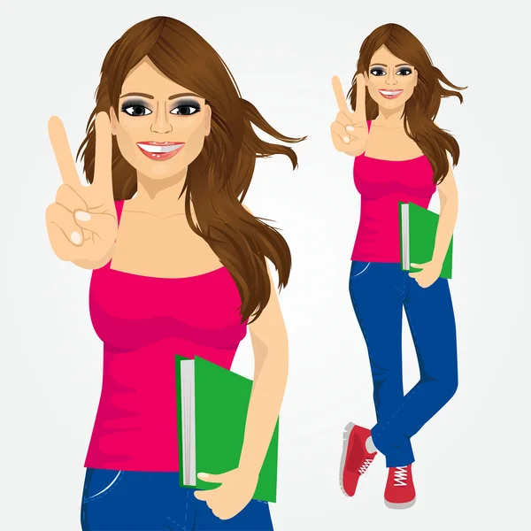 Beautiful student girl making victory sign — Stock Vector