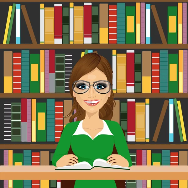 Chica estudiante amigable con gafas — Vector de stock