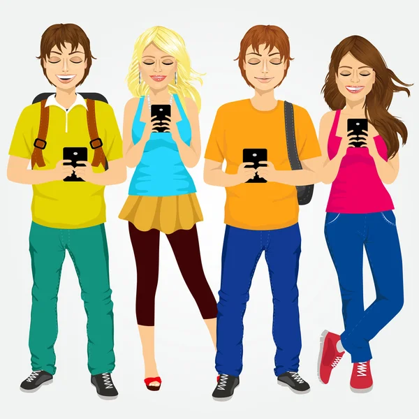 Unga studenter använda mobiltelefoner — Stock vektor