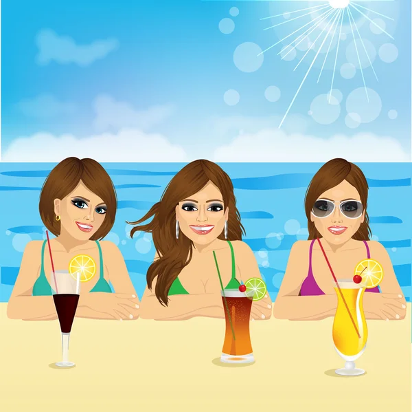 Três jovens mulheres na praia — Vetor de Stock