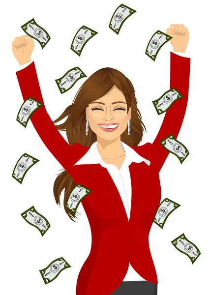 Жінка щаслива бачити дощові грошові рахунки — стоковий вектор