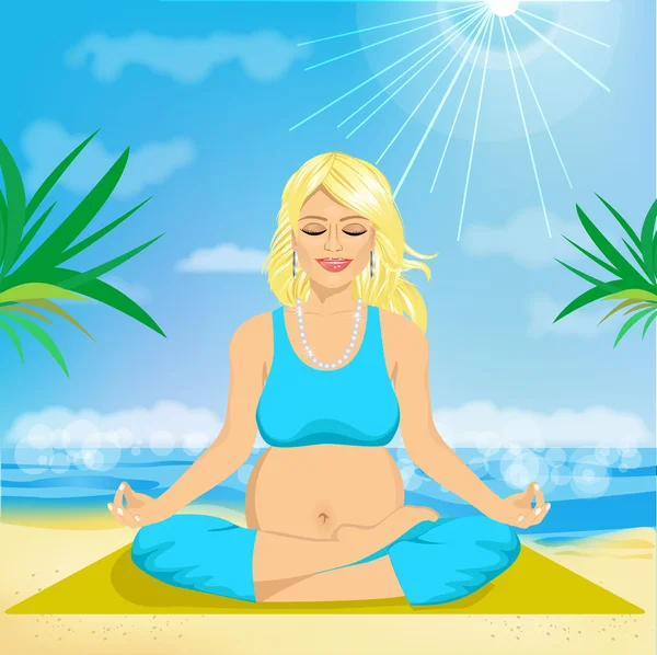 Hermosa joven embarazada sentado en yoga pose — Vector de stock