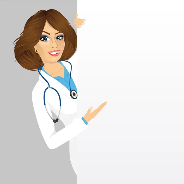 Doctora con una pizarra de presentación en blanco — Vector de stock