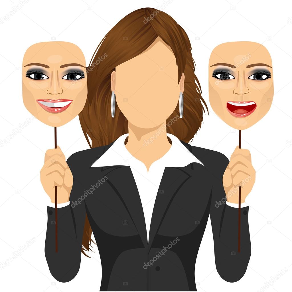 faceless woman holding happy and angry mask