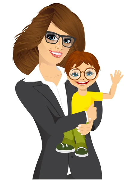 Amigable joven mujer de negocios con su pequeño bebé — Vector de stock