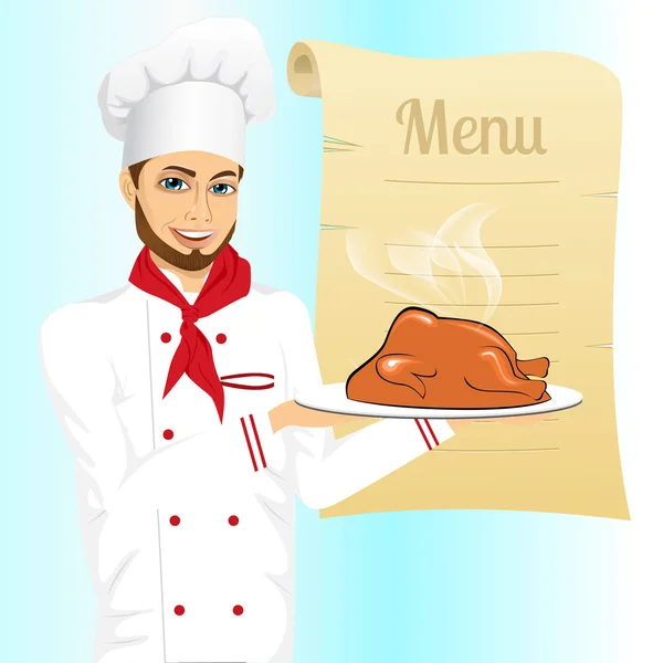 Mužské šéfkuchař drží tác s vánoční pečené Turecko — Stockový vektor