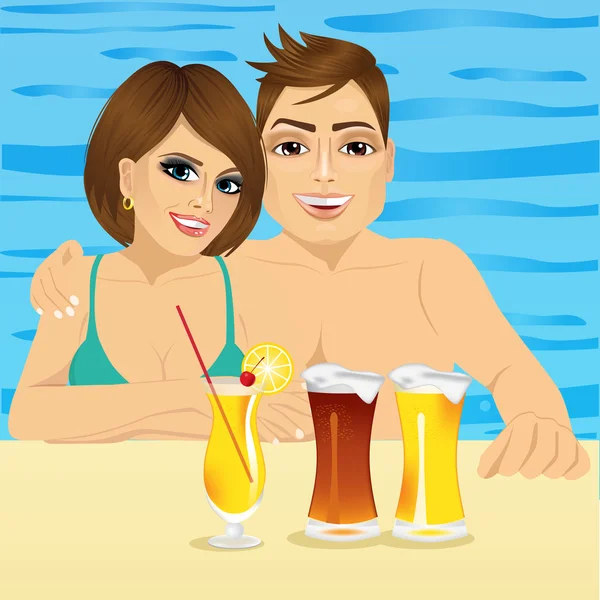 Χαμογελώντας ζευγάρι στην πισίνα στο hotel resort — Διανυσματικό Αρχείο