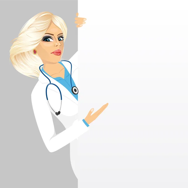 Doctora con una pizarra de presentación en blanco — Vector de stock