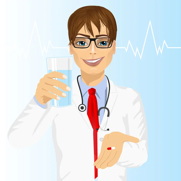 Doctor offering a pill with glass of water — Stock Vector