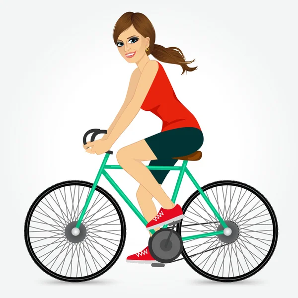 Amigable chica joven montar bicicleta feliz — Vector de stock