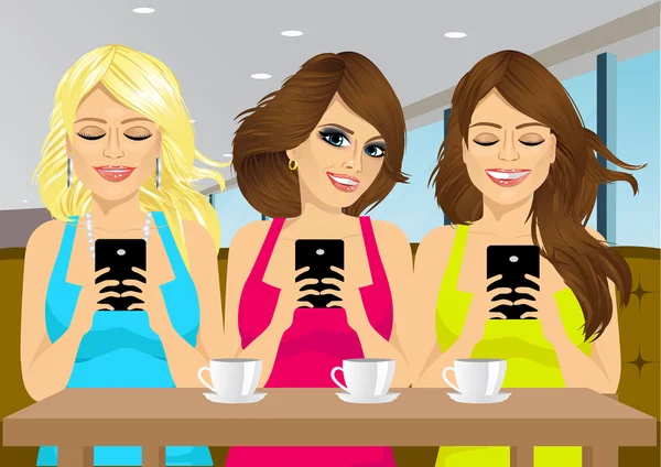 Chicas mirando el teléfono inteligente en una cafetería — Vector de stock