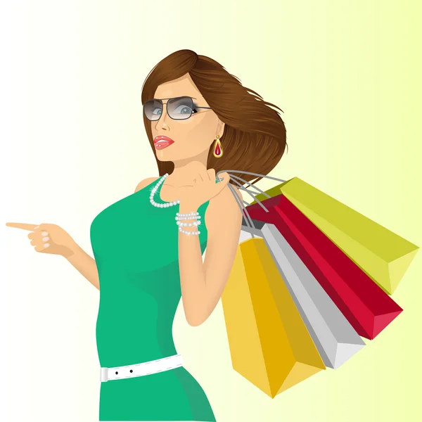 Mujer altiva joven con bolsas de compras — Vector de stock