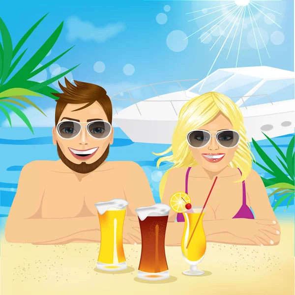 Jovem casal feliz desfrutando de férias na praia — Vetor de Stock