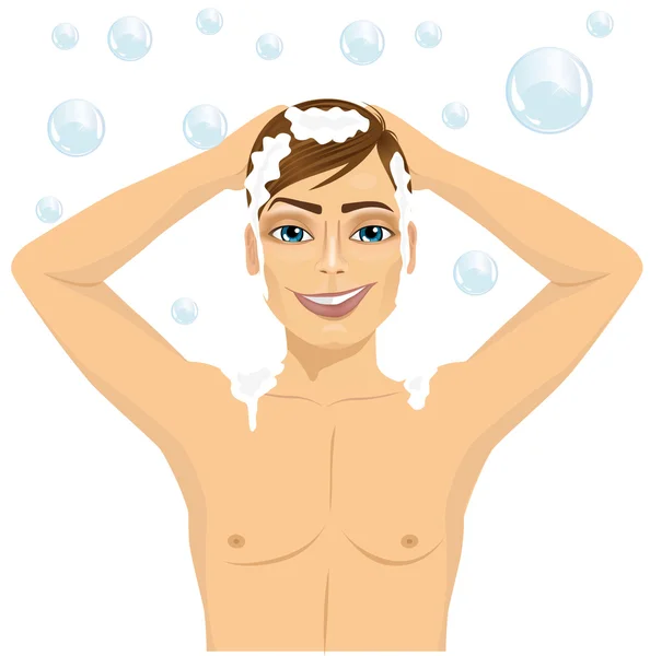 Handsome man washing hair with shampoo — Stock Vector