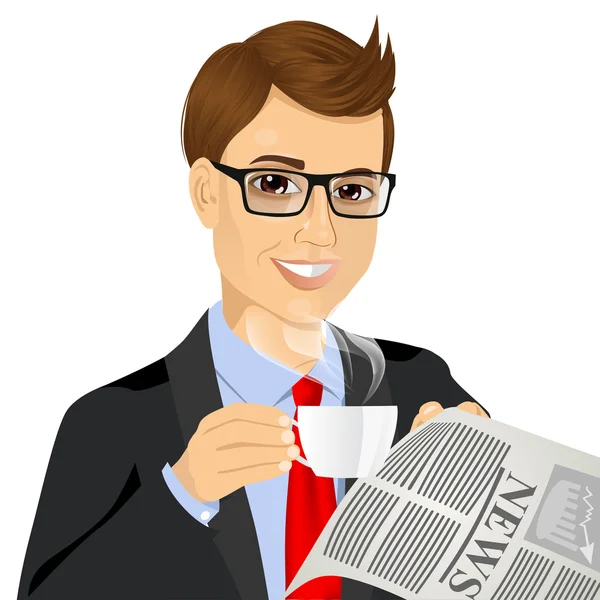 Empresário bebendo café e lendo jornal —  Vetores de Stock