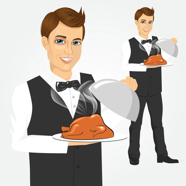 Waiter with tray serving roasted poultry — Stock Vector