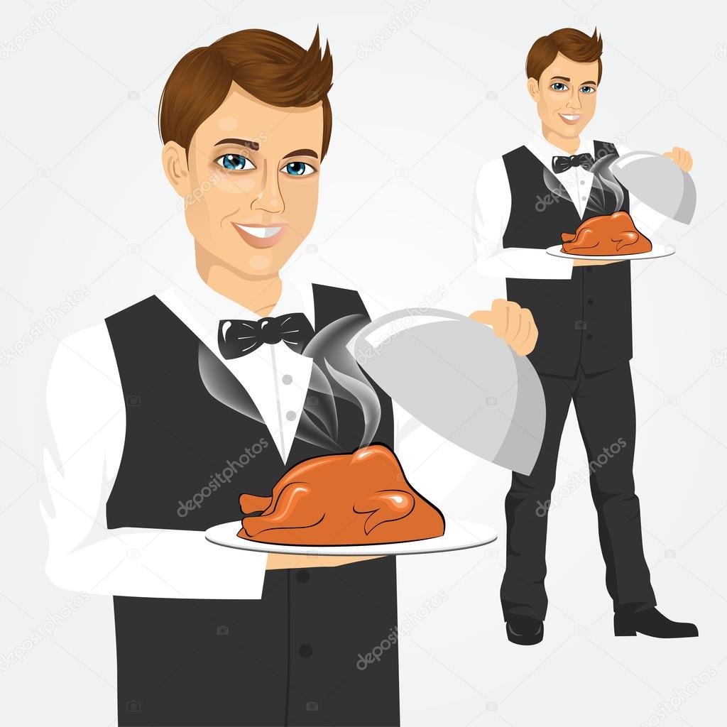 waiter with tray serving roasted poultry