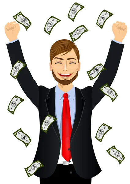 Επιχειρηματίας ευτυχής βλέποντας βρέχει νομοσχέδια τα χρήματα — Διανυσματικό Αρχείο