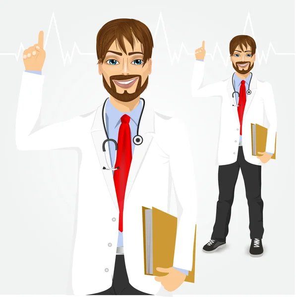 Male hipster doctor pointing up — Stock Vector
