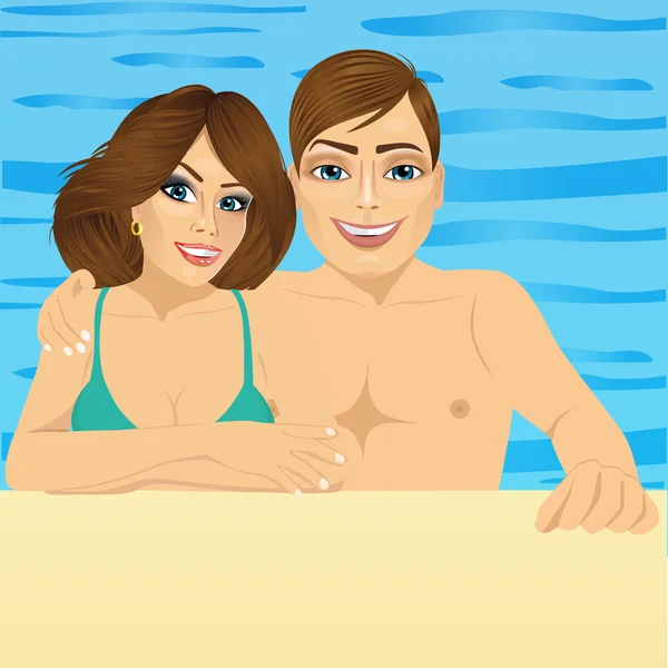 Smiling couple in pool at hotel resort — Stock Vector