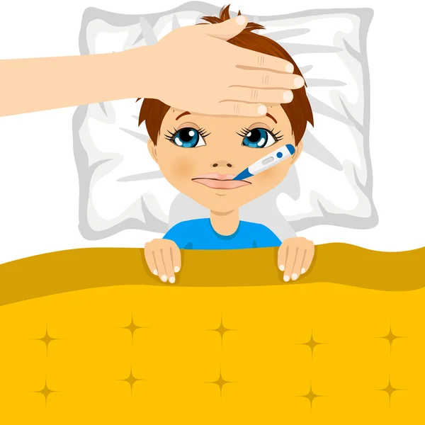 Little boy ill in bed with thermometer in mouth — Stock Vector