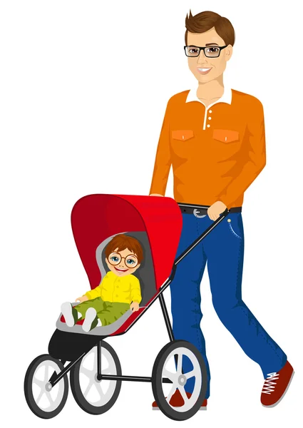 Ayah tunggal tampan mendorong kereta bayi - Stok Vektor