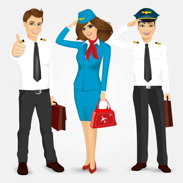Pilota e due hostess in uniforme — Vettoriale Stock