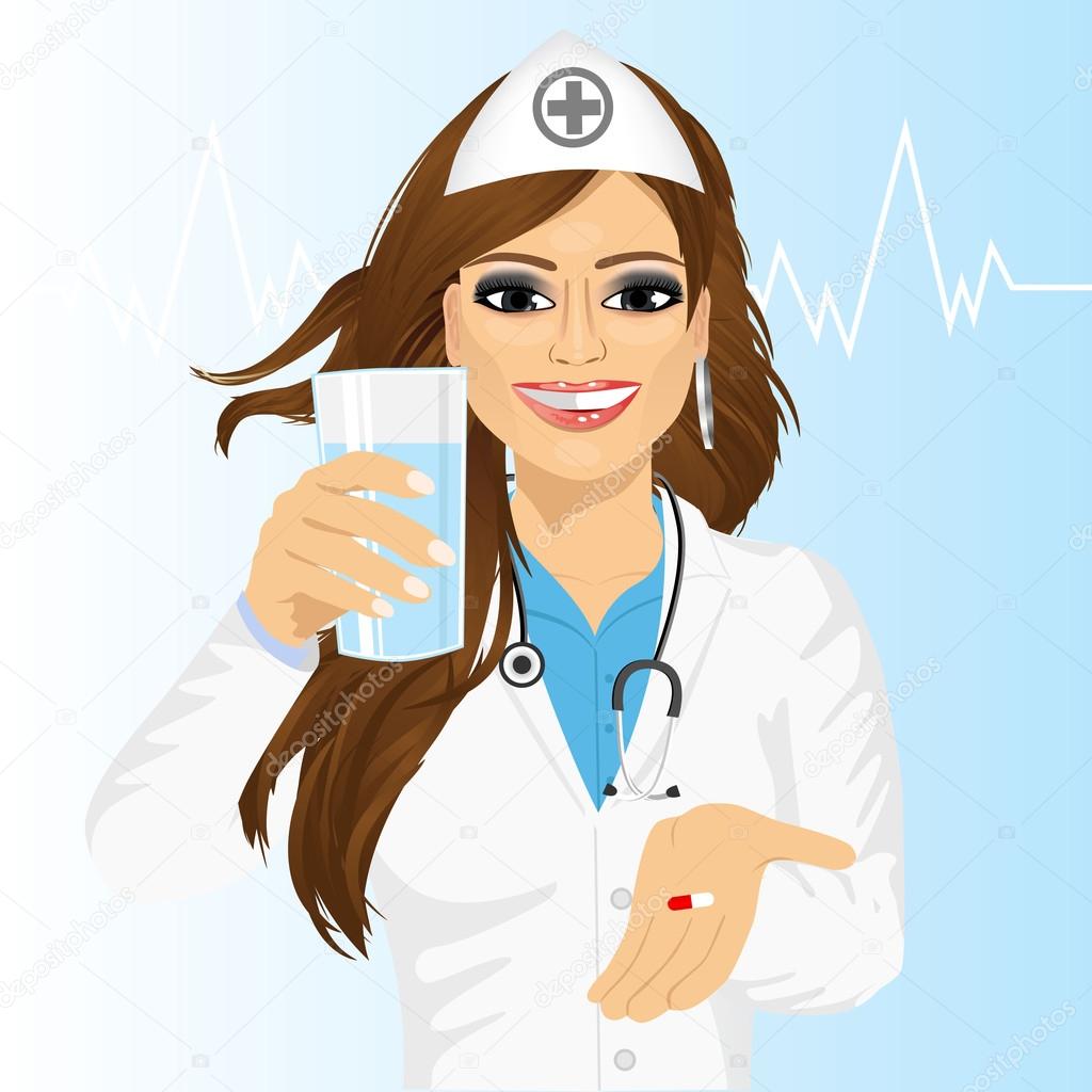 doctor offering a pill with glass of water