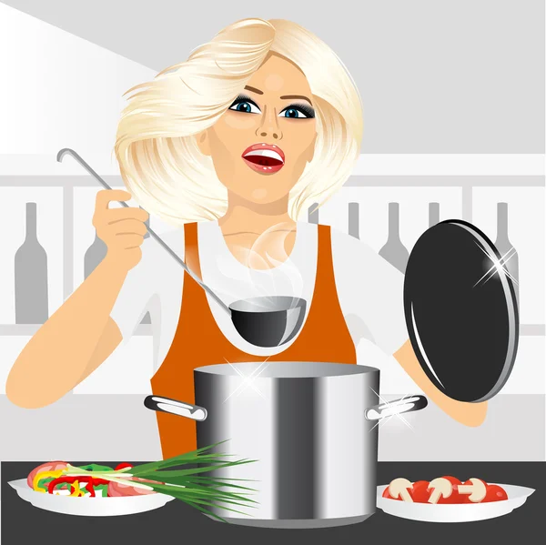 Χαμογελώντας νεαρή γυναίκα μαγείρεμα στην κουζίνα — Διανυσματικό Αρχείο