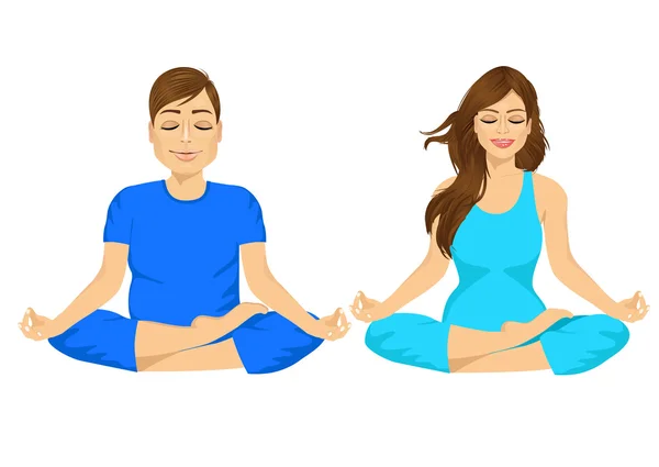 Hombre y mujer sentados en postura de yoga — Vector de stock