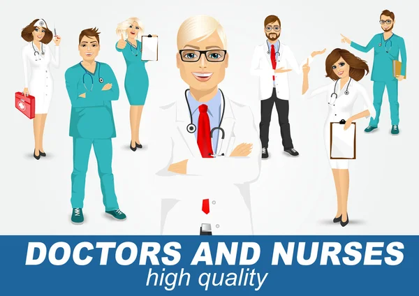 Grupo de médicos e enfermeiros conjunto — Vetor de Stock