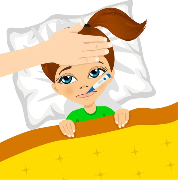 Little girl ill in bed with thermometer in mouth — Stock Vector