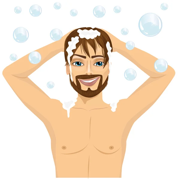 Hombre guapo lavando el cabello con champú — Vector de stock