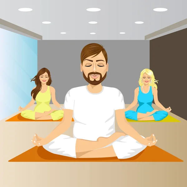 Young people sitting in yoga pose on mat in gym — Stock Vector