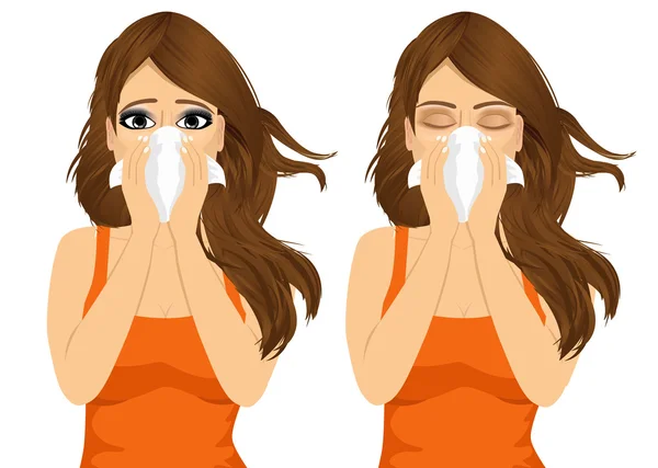 Jovem doente mulher doente sofrendo alergia — Vetor de Stock