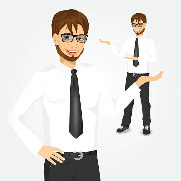 Moderno hipster hombre de negocios mostrando algo — Vector de stock